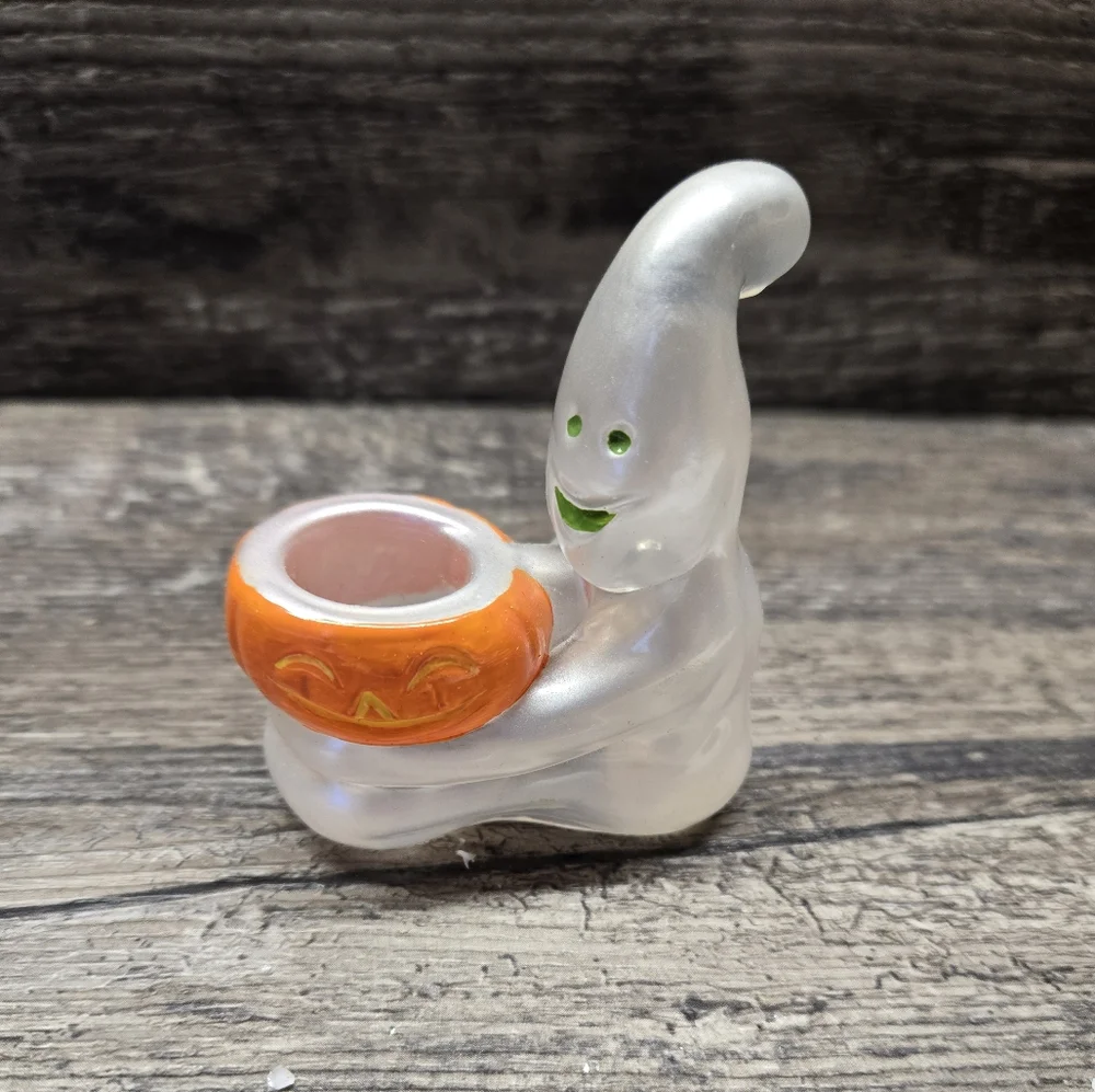 Vtg‎ Celebrations Halloween Ghost And Pumpkin Crystal Glass Candle Holder